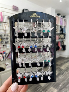 Colibríes strass con centro gema - argolla de acero - comprar online