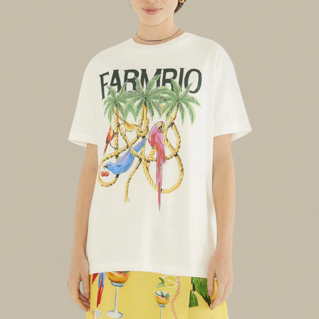 Blusa T-Shirt Media Farm Rio Cordas e Aves Colorida Verão 25