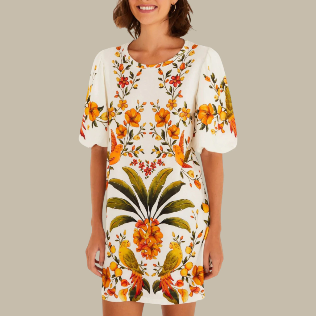 Vestido T-shirt Manga Fofa Estampado Bosque Chic Farm