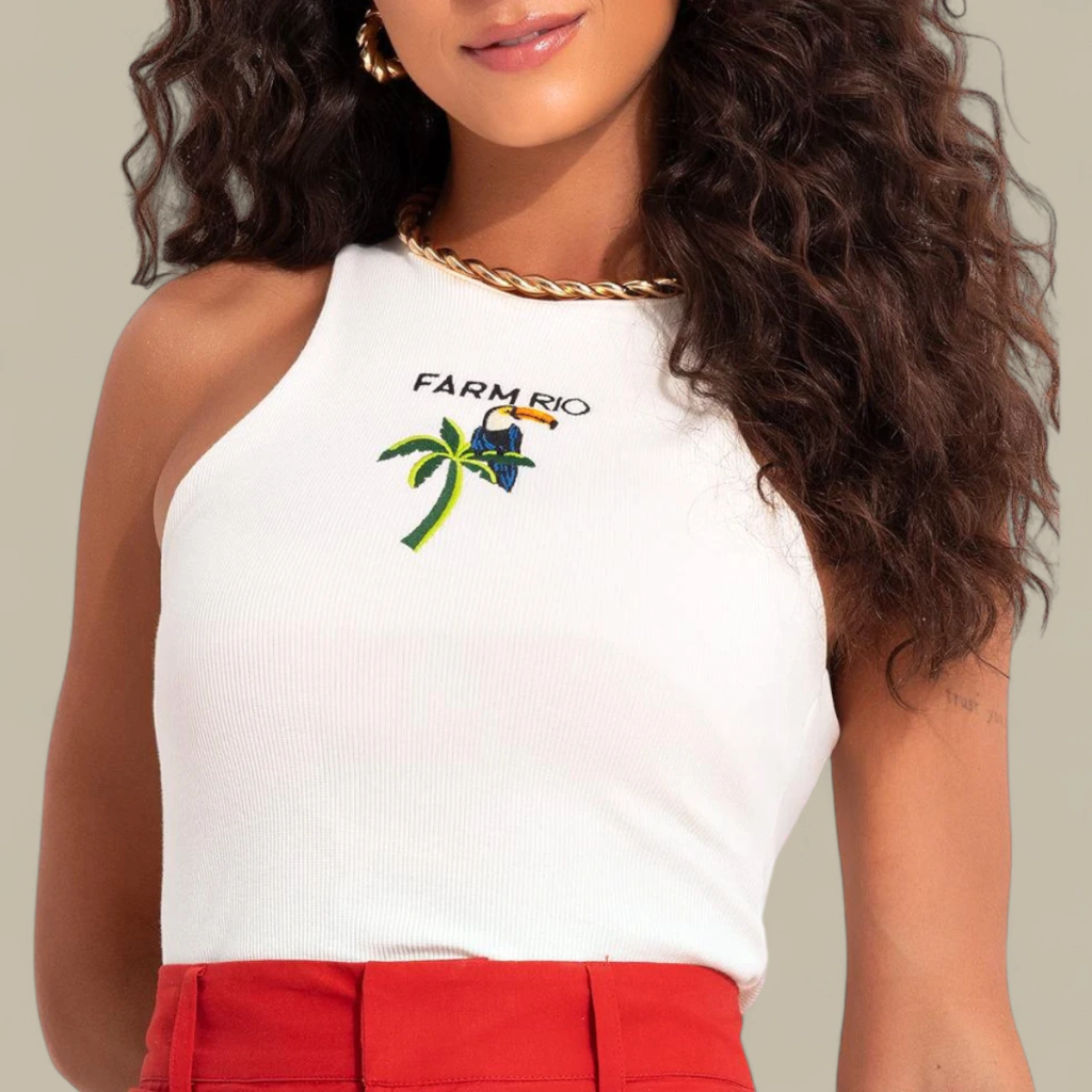 Blusinha Regata Farm Rio Tucaníssimo Bordada Verão 25