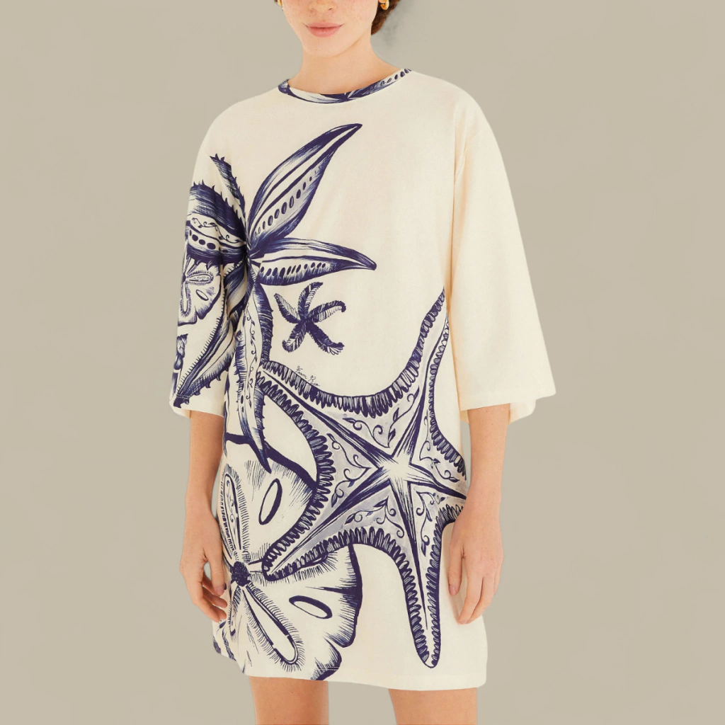 Vestido T-shirt Farm Big Mar de Estrelas Off White Feminino