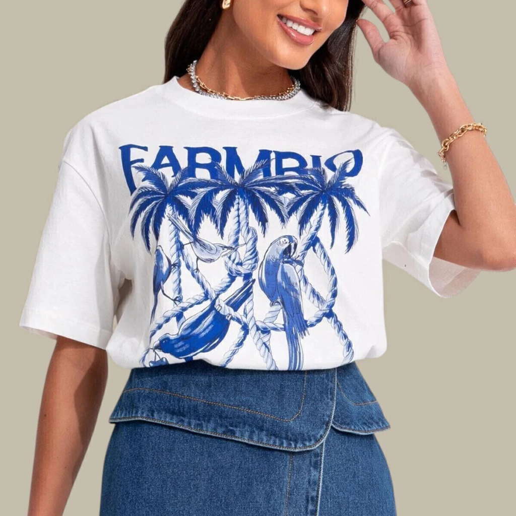 Blusa T-Shirt Media Farm Rio Cordas e Aves Colorida Verão 26