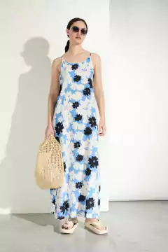 Vestido Flores Largo Celeste /Ver