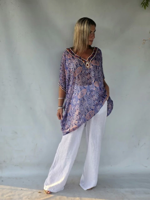 TUNICA DE GASA CON APLIQUE DE PIEDRAS 65348 - comprar online