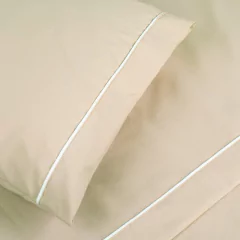 Jogo de Lençol Super King 4 pçs 200 fios Percal Algodão Cáqui Saluzzo. Detalhe. 