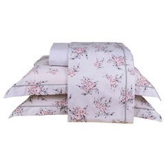 Conjunto de lençóis king com estampa floral em tons de cinza e rosa, composto por quatro peças de 100% algodão e 200 fios.