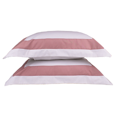Conjunto de fronhas do jogo de lençol casal percal 100% algodão com detalhes em rosa e branco.