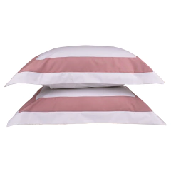 Conjunto de fronhas de lençol solteiro king em percal 100% algodão, com design listrado nas cores branco e azaléia.