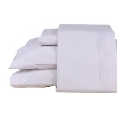 Jogo de Lençol Casal 4 pçs Percal Algodão Branco Renda Branca Serenna.Detalhe. 