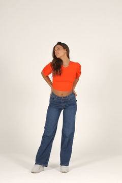 wide leg tiro medio azul elastizado ruedo