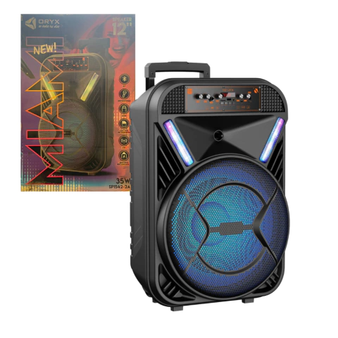 PARLANTE PORTATIL ORYX SP-1543 12 PULGADAS, 35W, FM, CON MICROFONO Y CONTROL REMOTO, AUX, USB, TF CARD, TWS, C/CARRO
