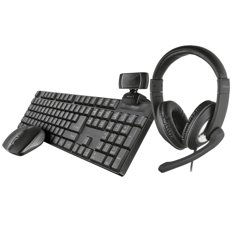 Kit 4 en 1 Trust Home Office QOBY Teclado Mouse Auricular Webcam