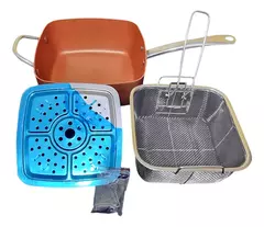 CACEROLA CUADRADA 24CM MANGO ACERO CON FREIDORA Y VAPORIERA - Cacharros Bazar