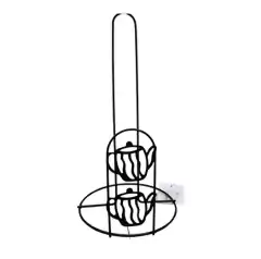 Soporte metálico negro para rollos de cocina con diseño de tetera.