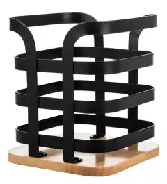 Porta cubiertos metálico negro con base de madera, diseño moderno y funcional.