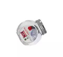 Frasco de vidrio pequeño con tapa metálica, rotulado con la palabra "ALACENA" y dos posiciones para el contenido.