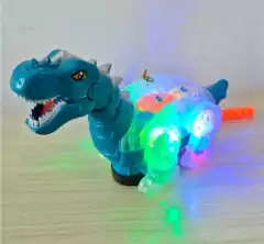Juguete de dinosaurio con luces de colores, de diseño plástico, con detalles en azul y transparente.