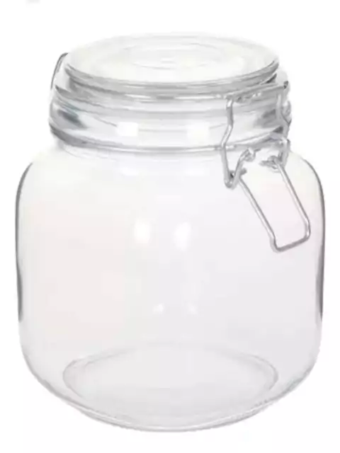 Frasco de vidrio transparente con cierre hermético de 9x9x17 cm, ideal para almacenar alimentos o especias.