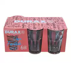Set de 6 vasos facetados Durax de 400 ml cada uno, presentados en un empaque colorido con diseño gráfico.