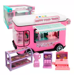 Juguete de camión de comida rosa con accesorios, incluyendo un batidor, una heladera y un mostrador de dulces.