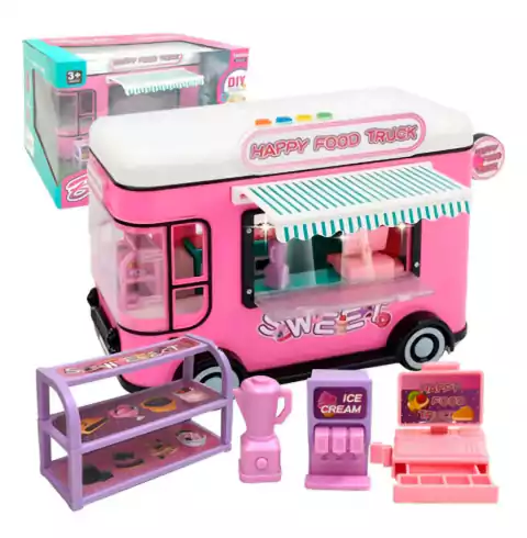 Juguete de camión de comida rosa con accesorios, incluyendo un batidor, una heladera y un mostrador de dulces.