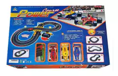 Imagen de la caja del juguete PISTA AUTOS, mostrando el circuito y los autos de carreras incluidos.