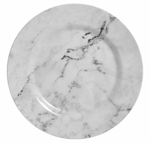 Plato playo redondo de melamina blanca efecto mármol (35cm). Plato grande resistente para pizzas, picadas o servir