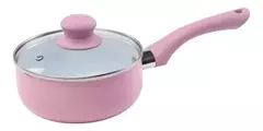 Cacerola cerámica de color rosa con tapa de vidrio y mango ergonómico.