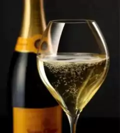 Copa de champagne de 350 ml con bebida espumosa y botella de champagne de fondo.
