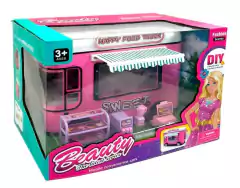 Set de juguete motorhome rosa con detalles de camión de comida, incluye accesorios y decoración.
