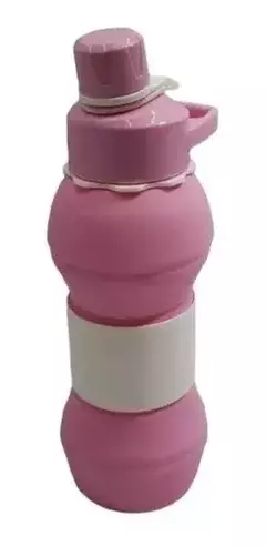 Botella plegable de silicona color rosa, ideal para llevar agua y bebidas.