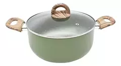 Cacerola antiadherente verde con tapa y asas de madera, marca Suka.