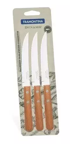 Set de tres cuchillos Tramontina con mango de madera, ideal para cubiertos de mesa.