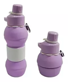 Botella plegable de silicona en color púrpura, mostrando su diseño compacto y funcional.