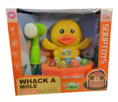 Juguete Aplastador de Topos con diseño de pato y mazo, incluye figuras coloridas.