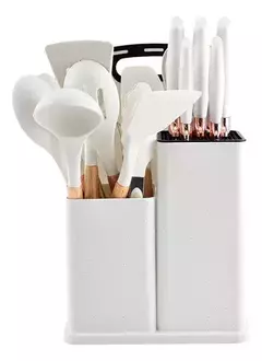 Juego de utensilios de cocina de silicona blanco de 20 piezas, con soporte de almacenamiento.