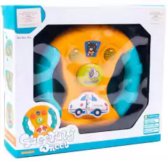 Volante de juguete con música, diseñado para niños, con colores vibrantes y detalles de un automóvil de ambulancia.