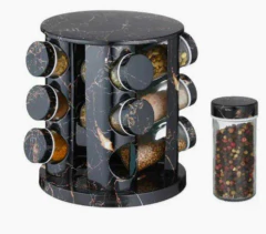 Set de especieros giratorio con 12 frascos y acabado negro marmolado.

