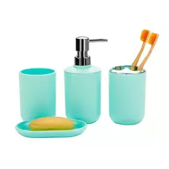 Set de cuatro accesorios para baño en color aqua, incluyendo dispensador de jabón, vaso, soporte para cepillos de dientes y jabonera.