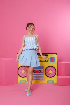 Combinadinho Peplum Lastex Anna (Listras Azul) - Marias - MODA PARA MENINAS