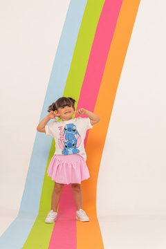 Combinadinho Tee + Short Saia Balonê (Stitch Rosa Bebe)