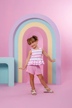 Combinadinho Peplum Balonê (Listras Rosa)