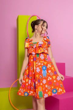 Vestido Kamile (Flowers Orange) - Marias - MODA PARA MENINAS
