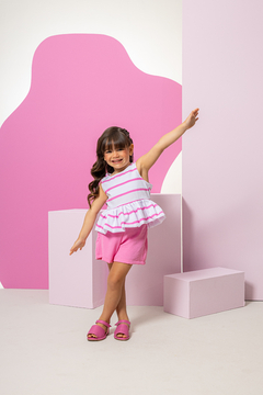 Combinadinho Peplum Balonê (Listras Rosa)