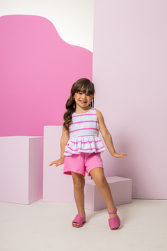 Combinadinho Peplum Balonê (Listras Rosa) - Marias - MODA PARA MENINAS