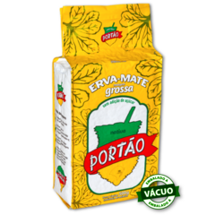 Pacote de erva-mate grossa da marca Portão, com embalagem amarela e informações sobre o produto.