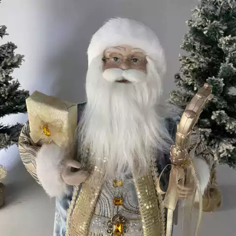 Papai Noel realista azul de 60 cm, segurando um presente e uma bengala, ideal para decoração de Natal.
