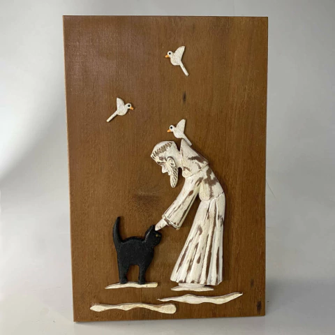 Quadro de São Francisco com Gato 26x40 cm