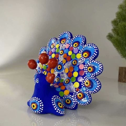 Pavão Artesanal para Decoração Azul 14 cm