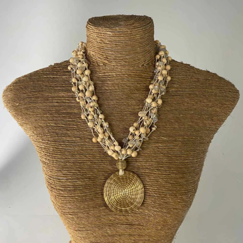 Colar Quartzo Capim Dourado e Sementes de Açaí